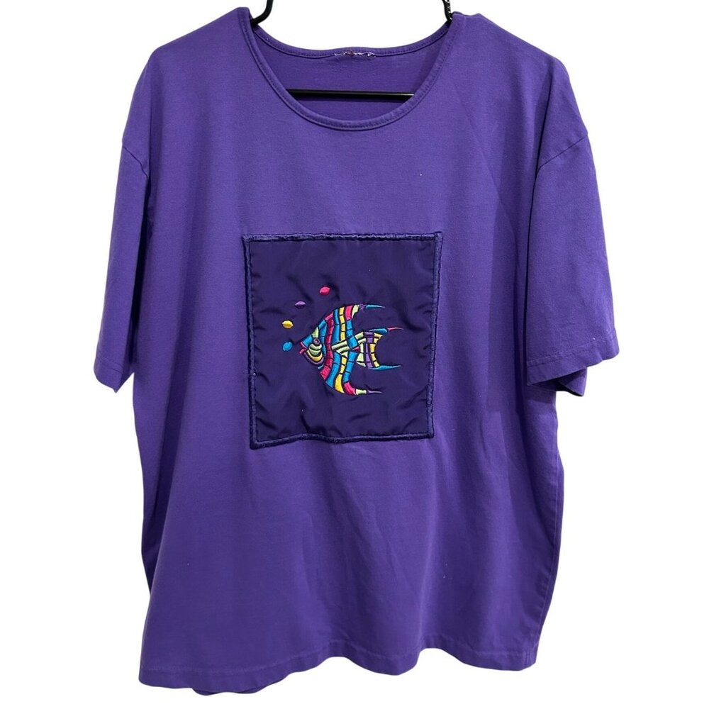 Handcrafted Purple Cotton T Shirt With Colorful Fish Embroidery Patch Design